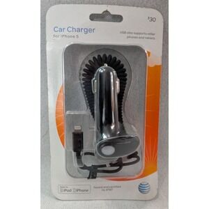 AT&T Car Charger Unisex OS Black New Lightning Port Coiled Cable iPhone 5 4617A